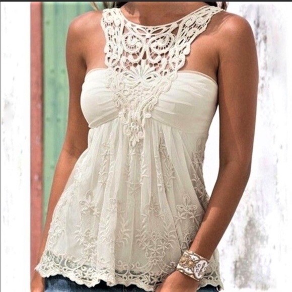 Boston Proper Tops - Elegant Lace Trim White Top